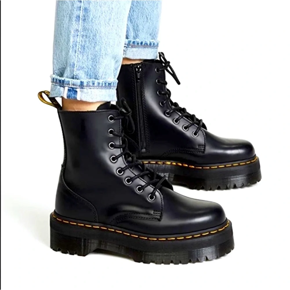 Dr. Martens Black Lace-Up Platform Boots with Yellow Stitching - Picture 1 of 5